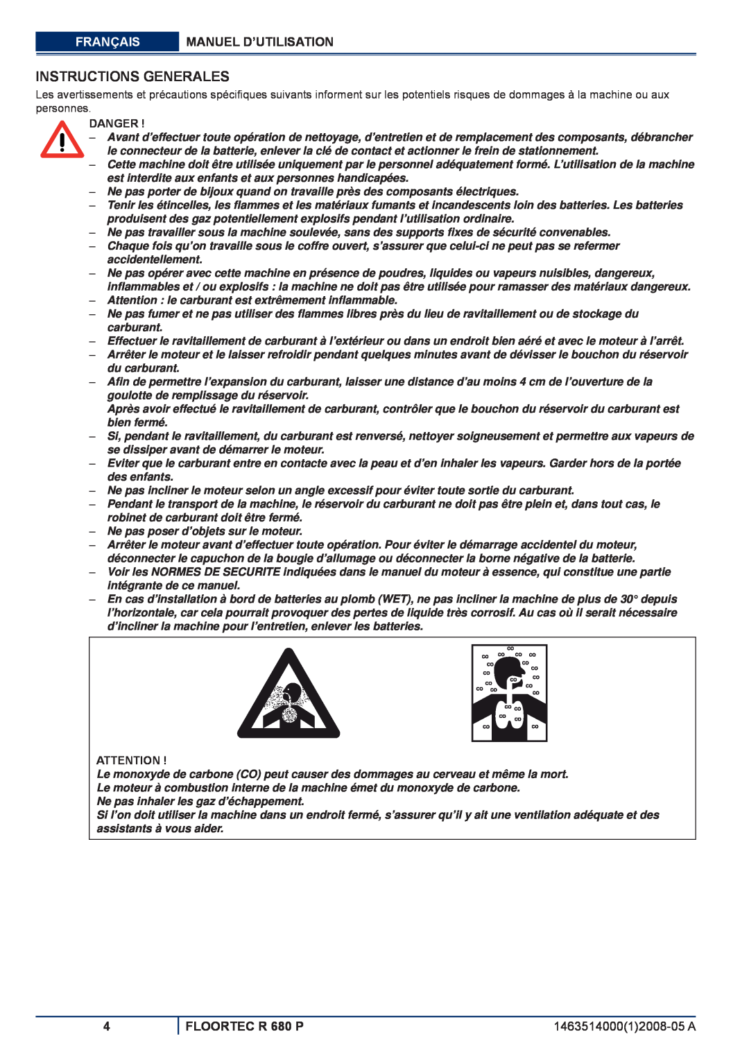 Nilfisk-ALTO manuel dutilisation Instructions Generales, Français, Manuel D’Utilisation, FLOORTEC R 680 P, Danger 
