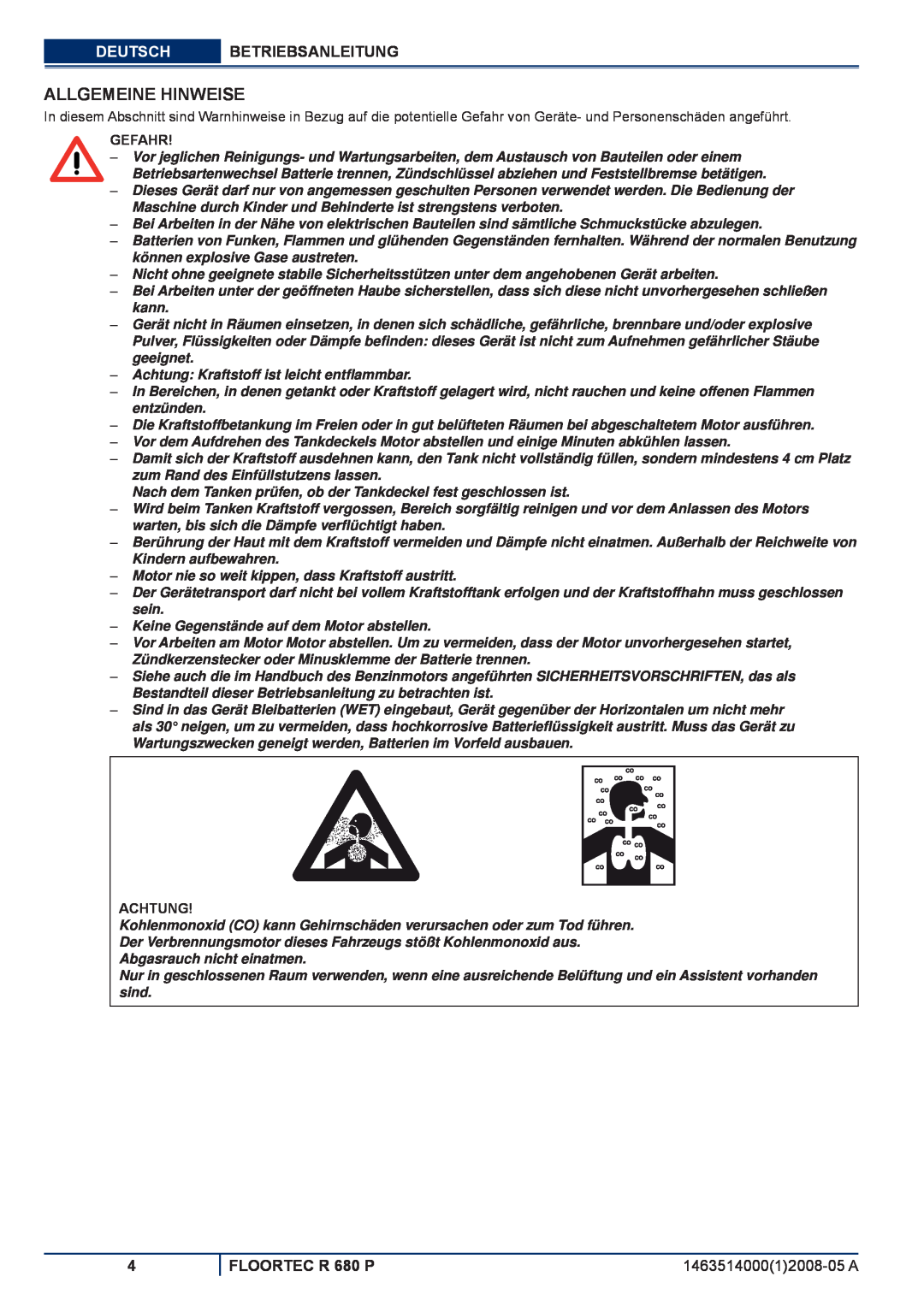 Nilfisk-ALTO manuel dutilisation Allgemeine Hinweise, Deutsch Betriebsanleitung, FLOORTEC R 680 P, Gefahr, Achtung 