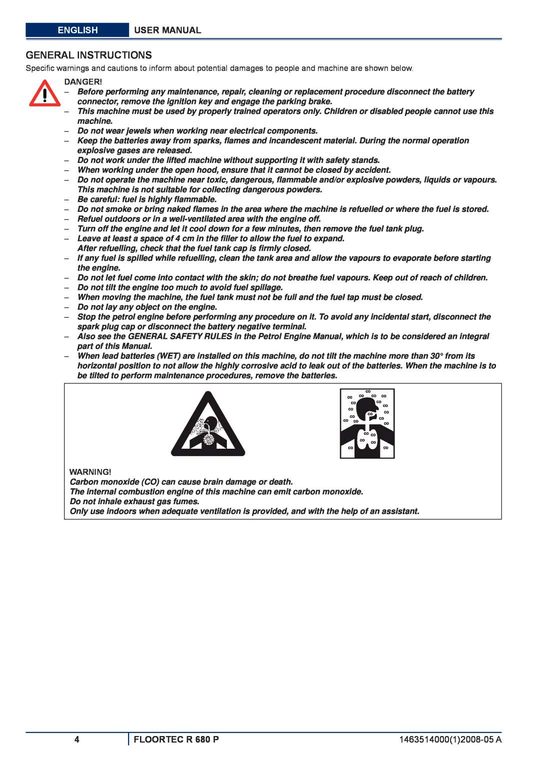Nilfisk-ALTO manuel dutilisation General Instructions, English, User Manual, FLOORTEC R 680 P, Danger 