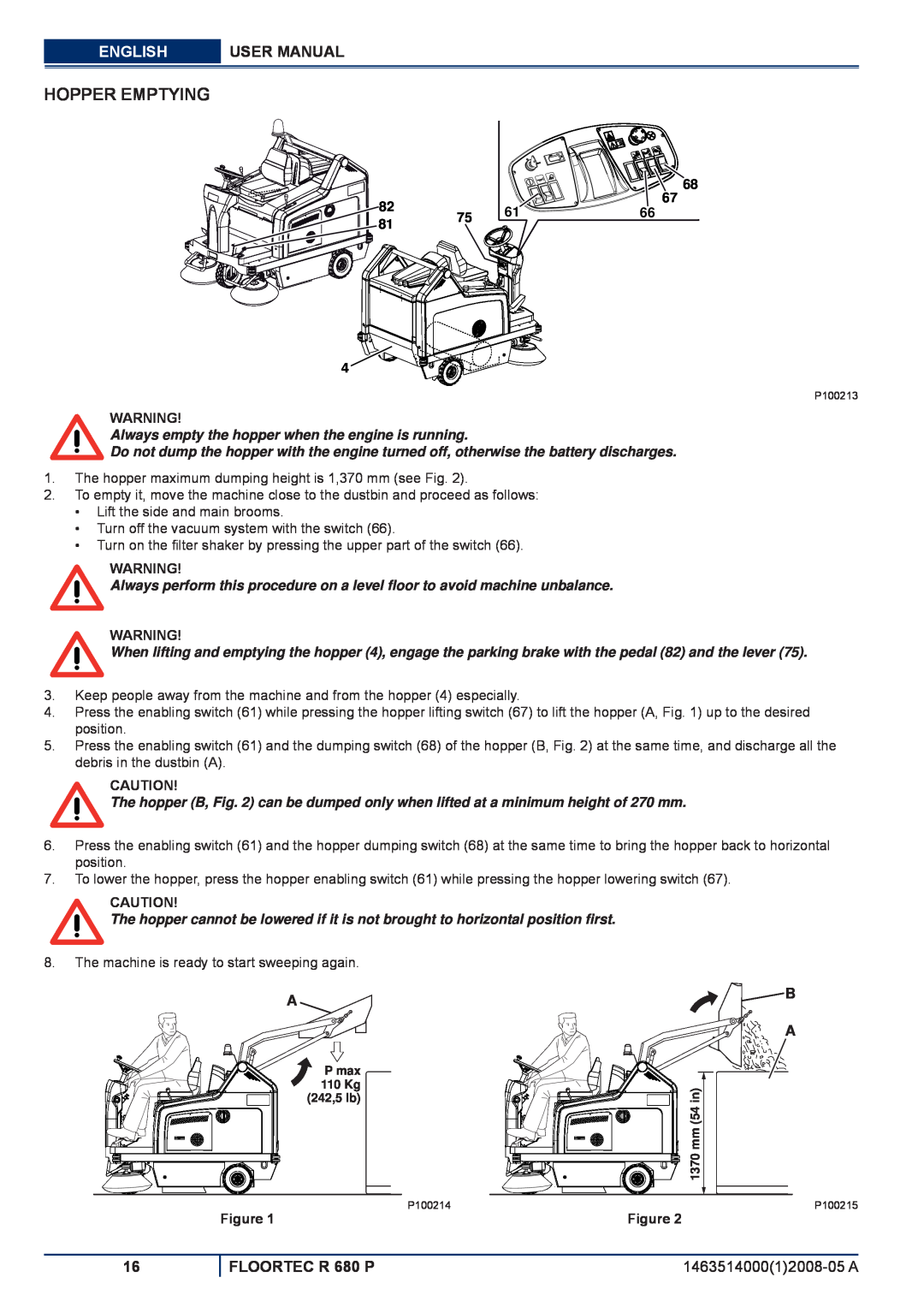 Nilfisk-ALTO manuel dutilisation Hopper Emptying, English, User Manual, FLOORTEC R 680 P, Figure 