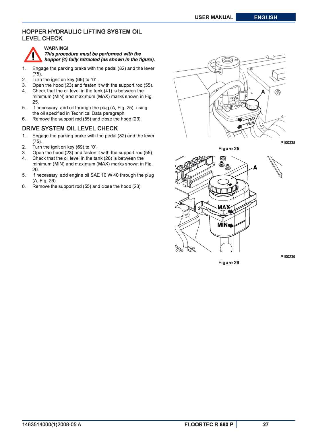 Nilfisk-ALTO R 680 P Hopper Hydraulic Lifting System Oil Level Check, Drive System Oil Level Check, A Max Min, User Manual 