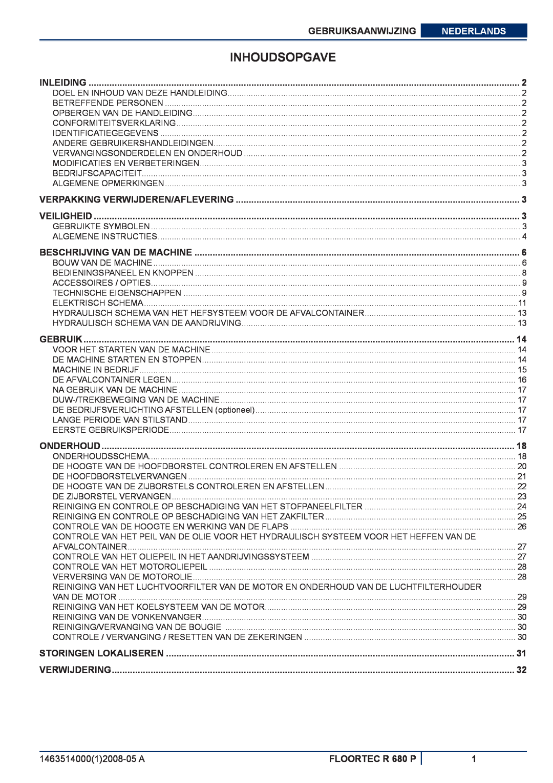 Nilfisk-ALTO Inhoudsopgave, Gebruiksaanwijzing, Nederlands, FLOORTEC R 680 P, Inleiding, Veiligheid, Onderhoud 