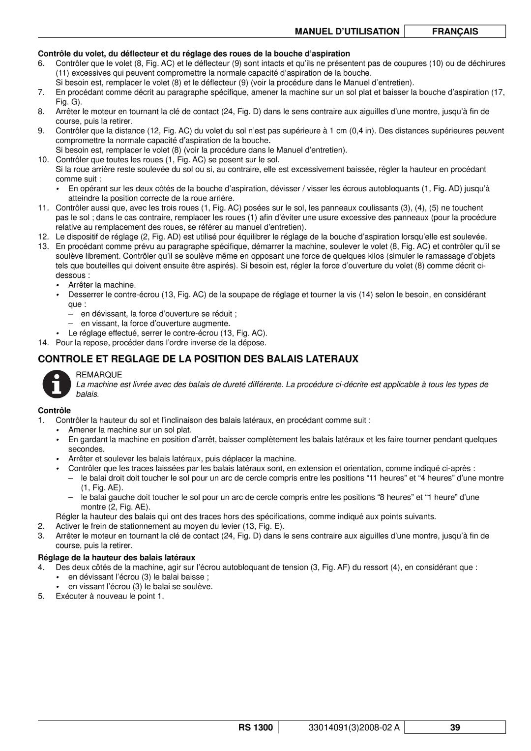 Nilfisk-ALTO RS 1300 manuel dutilisation Controle ET Reglage DE LA Position DES Balais Lateraux, Contrôle 