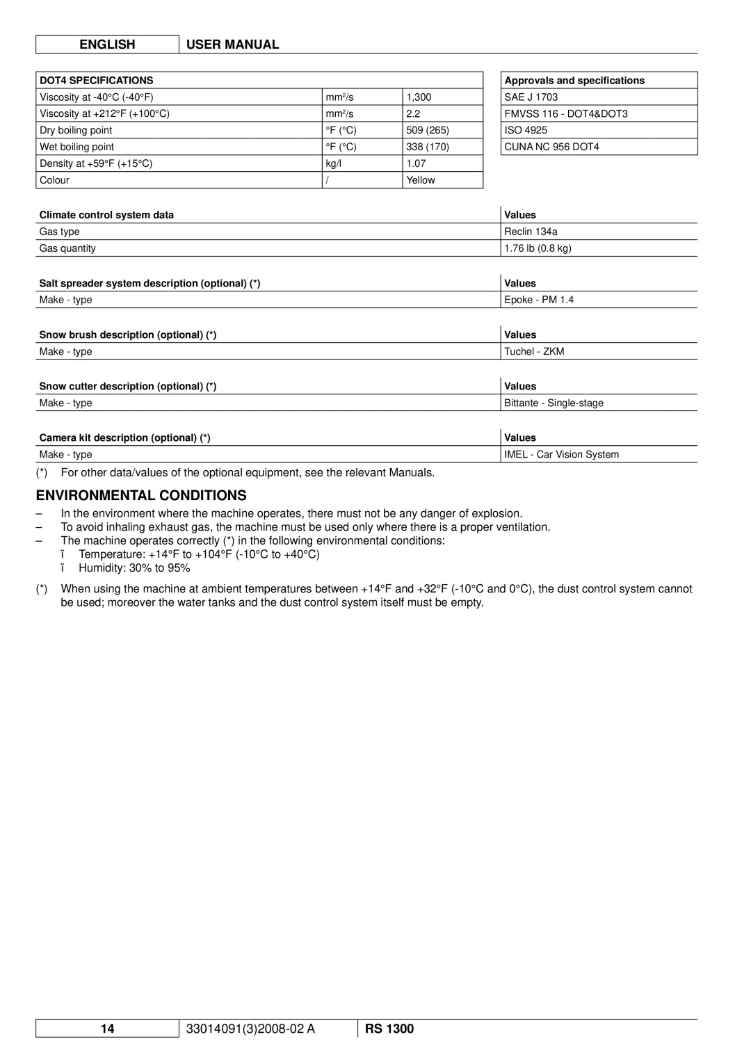 Nilfisk-ALTO RS 1300 manuel dutilisation Environmental Conditions, DOT4 Specifications 