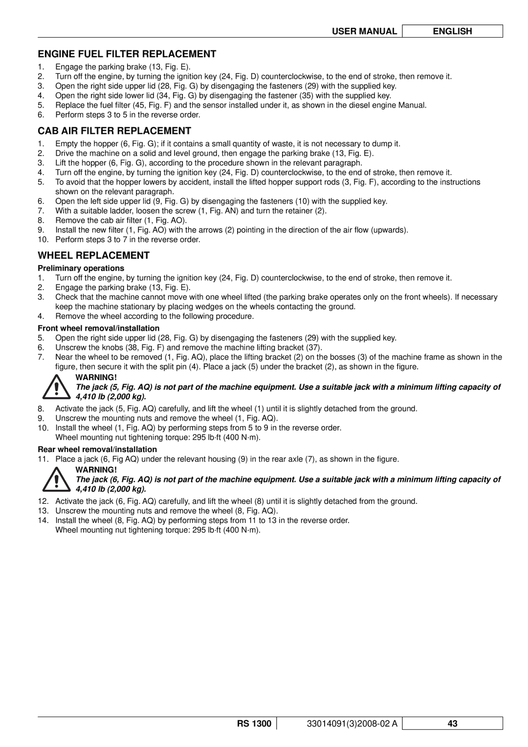 Nilfisk-ALTO RS 1300 manuel dutilisation Engine Fuel Filter Replacement, CAB AIR Filter Replacement, Wheel Replacement 