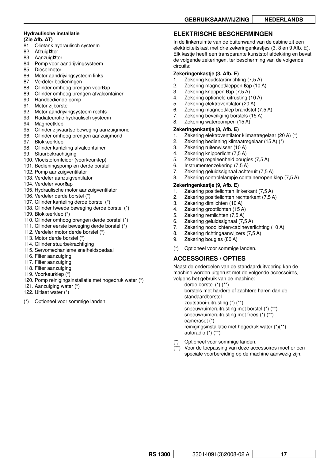 Nilfisk-ALTO RS 1300 manuel dutilisation Elektrische Beschermingen, Accessoires / Opties 