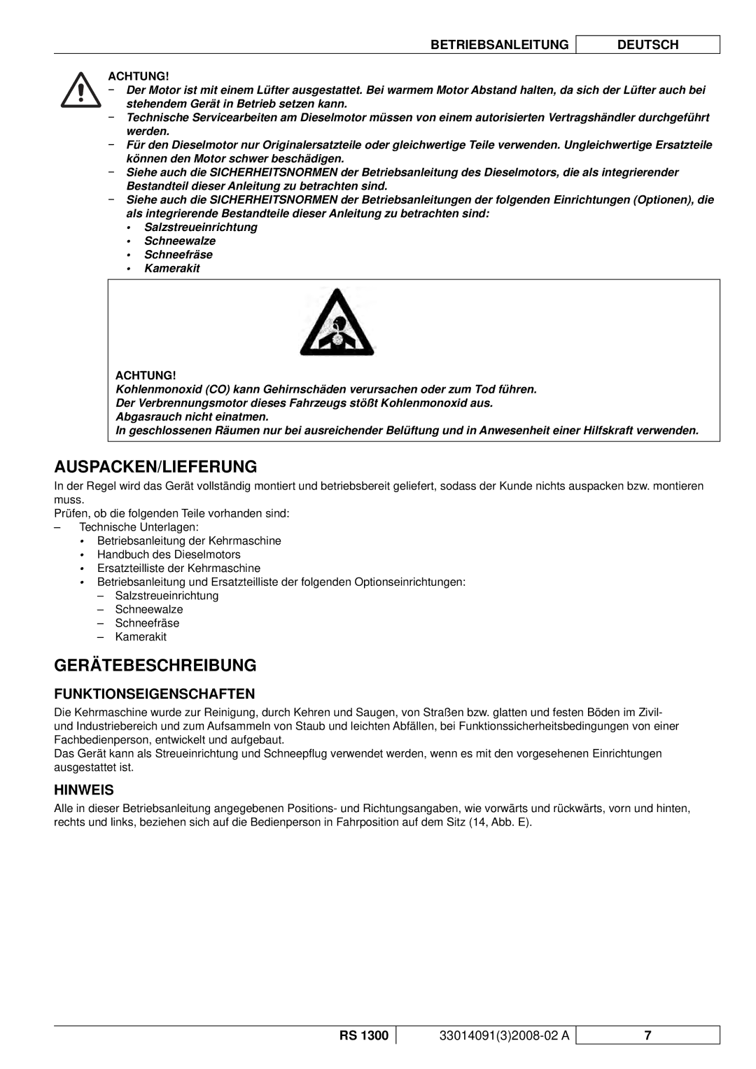 Nilfisk-ALTO RS 1300 manuel dutilisation Auspacken/Lieferung, Gerätebeschreibung, Funktionseigenschaften, Hinweis 