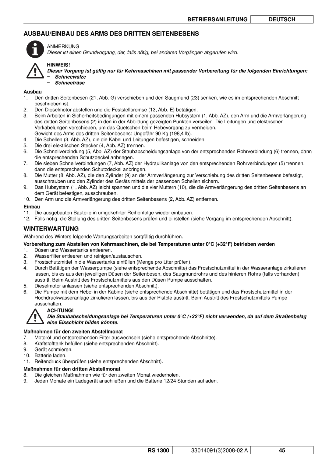 Nilfisk-ALTO RS 1300 manuel dutilisation AUSBAU/EINBAU DES Arms DES Dritten Seitenbesens, Winterwartung 