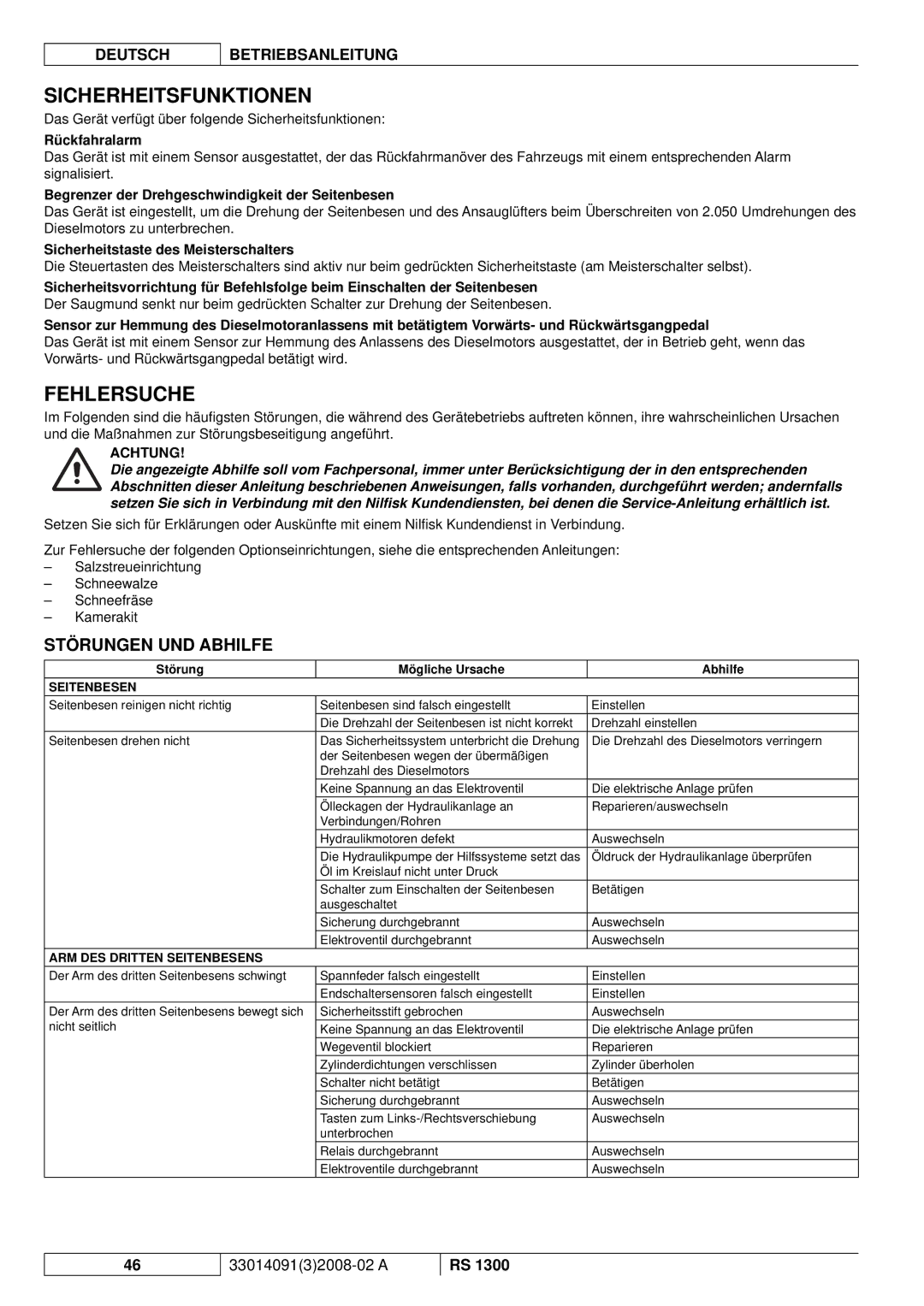 Nilfisk-ALTO RS 1300 manuel dutilisation Sicherheitsfunktionen, Fehlersuche, Störungen UND Abhilfe 