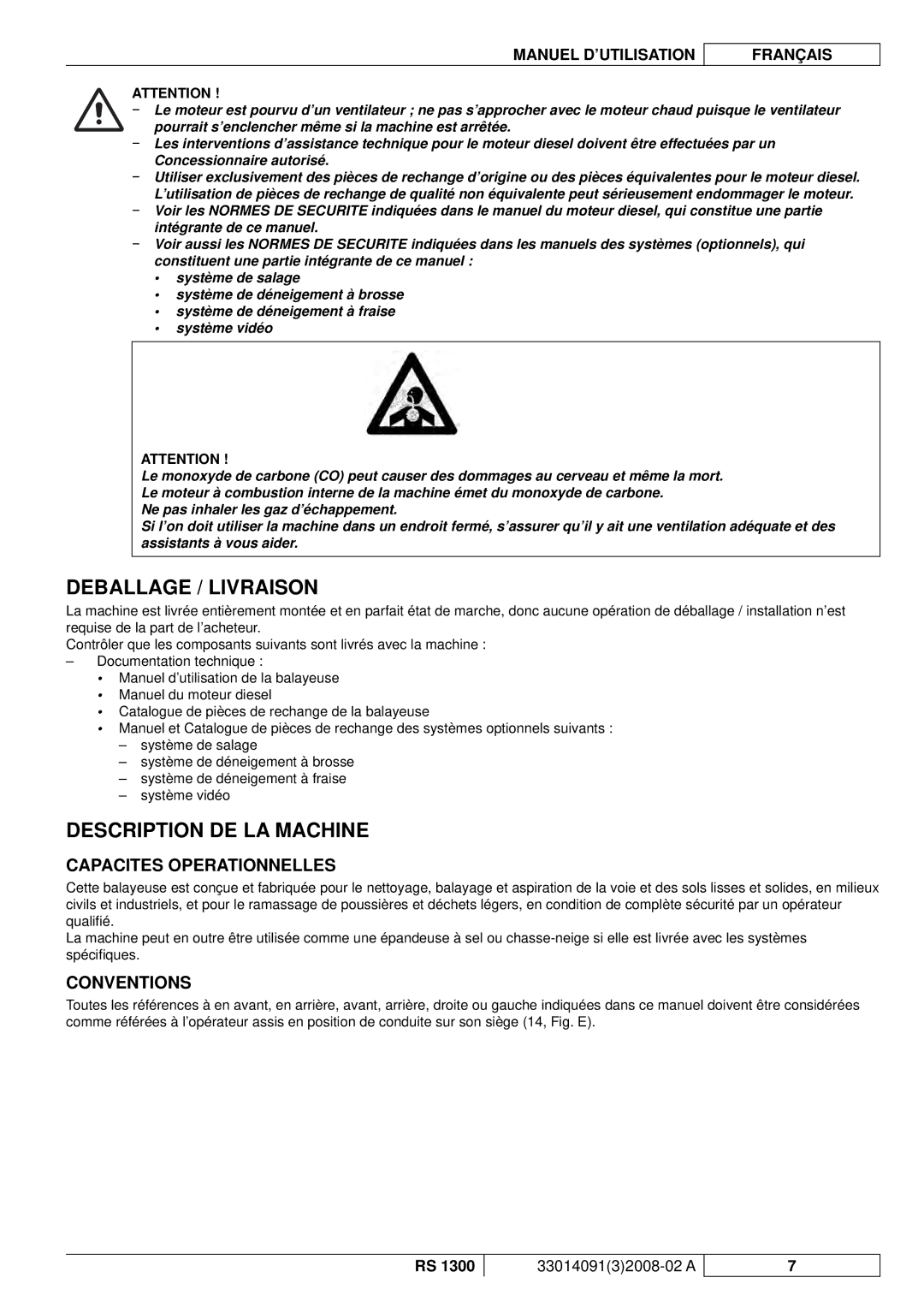 Nilfisk-ALTO RS 1300 Deballage / Livraison, Description DE LA Machine, Capacites Operationnelles, Conventions 