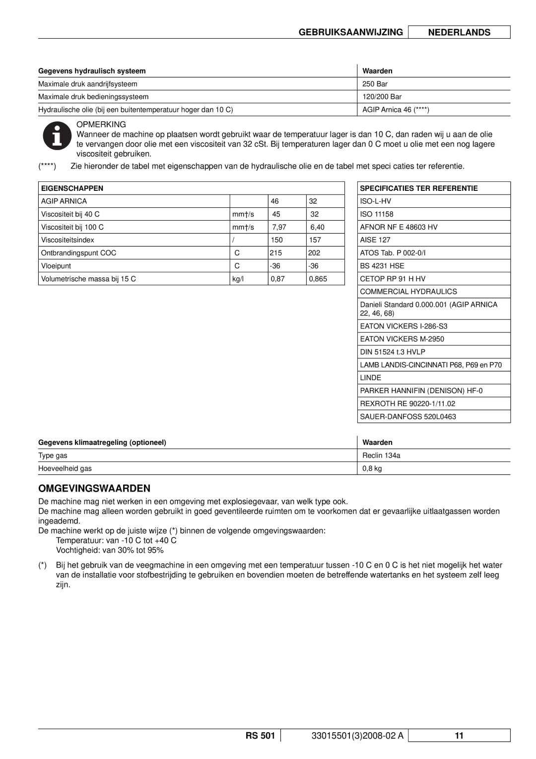 Nilfisk-ALTO RS 501 Omgevingswaarden, Gegevens hydraulisch systeem Waarden, Gegevens klimaatregeling optioneel Waarden 