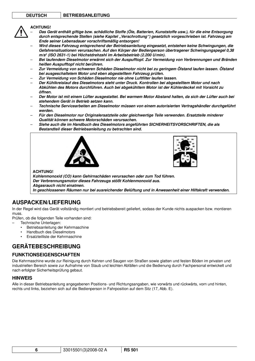 Nilfisk-ALTO RS 501 manuel dutilisation Auspacken/Lieferung, Gerätebeschreibung, Funktionseigenschaften, Hinweis 