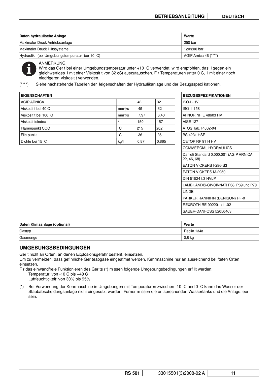 Nilfisk-ALTO RS 501 manuel dutilisation Umgebungsbedingungen, Daten hydraulische Anlage Werte, Daten Klimaanlage optional 