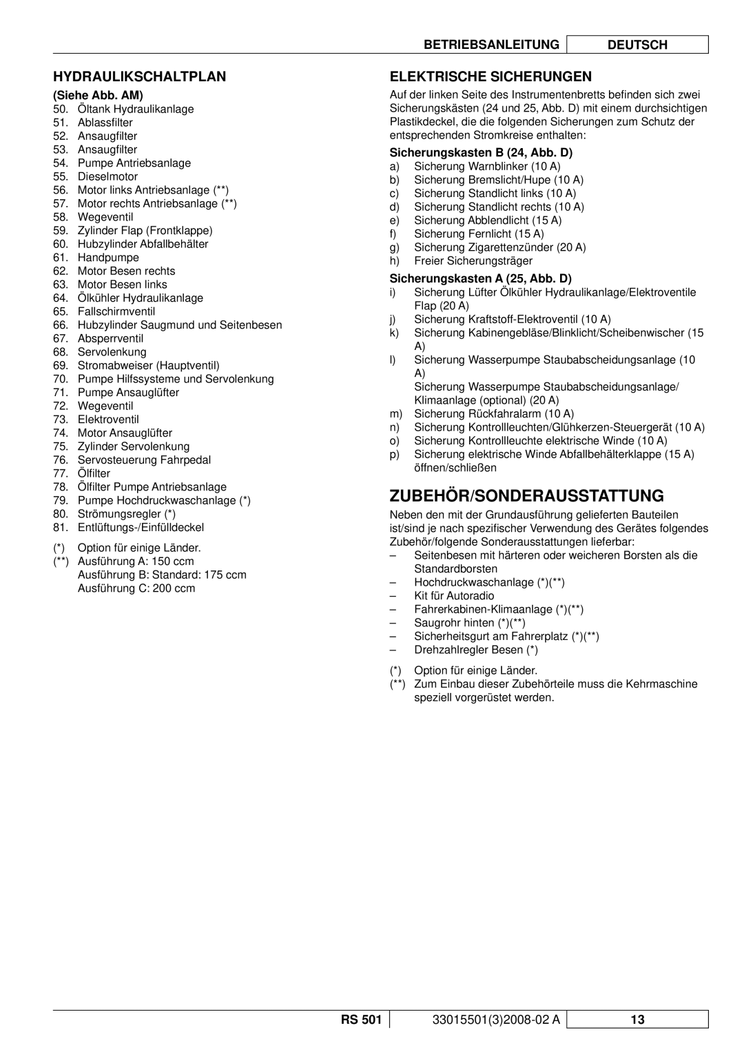 Nilfisk-ALTO RS 501 manuel dutilisation Zubehör/Sonderausstattung, Hydraulikschaltplan, Elektrische Sicherungen 