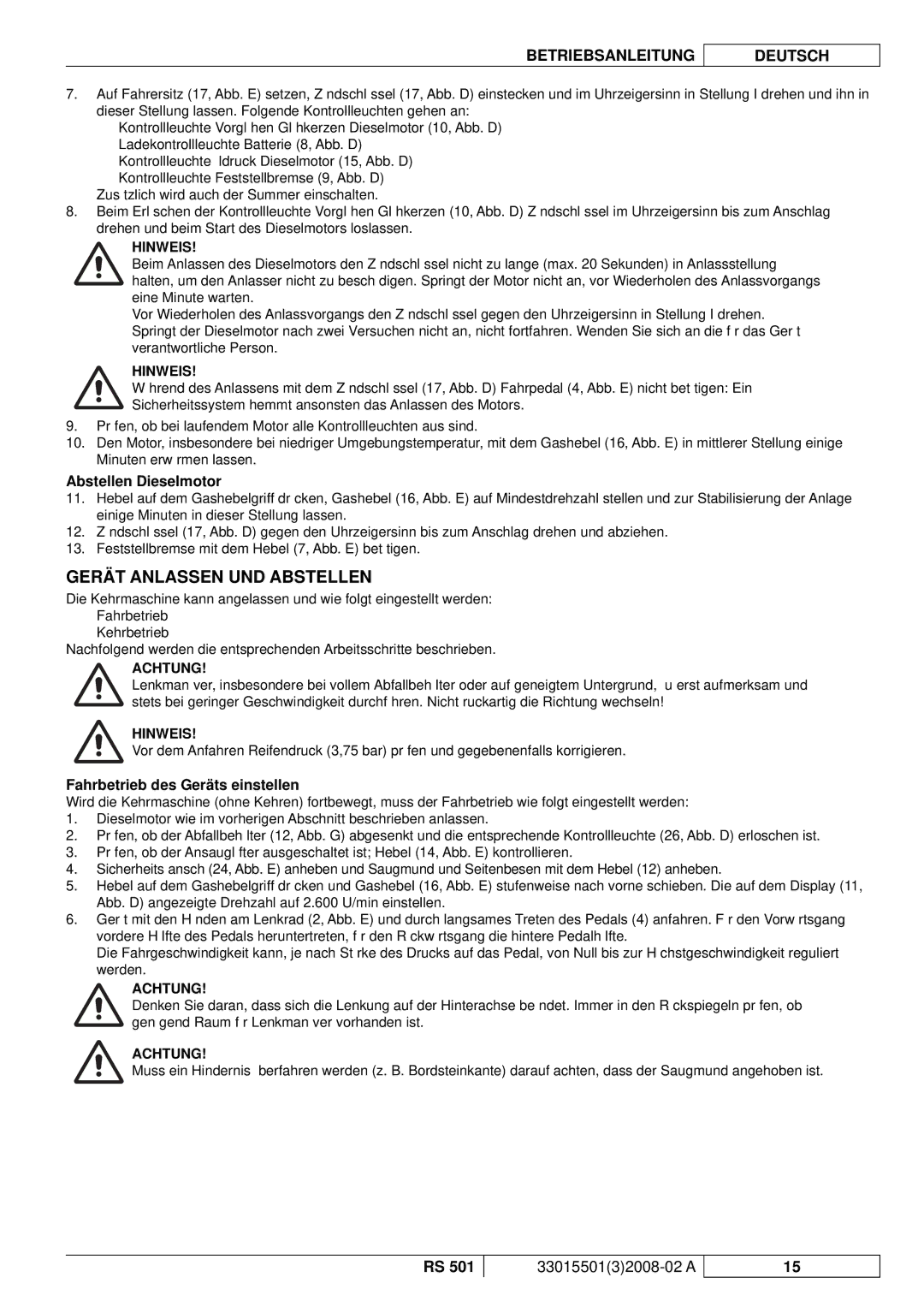 Nilfisk-ALTO RS 501 Gerät Anlassen UND Abstellen, Abstellen Dieselmotor, Fahrbetrieb des Geräts einstellen 