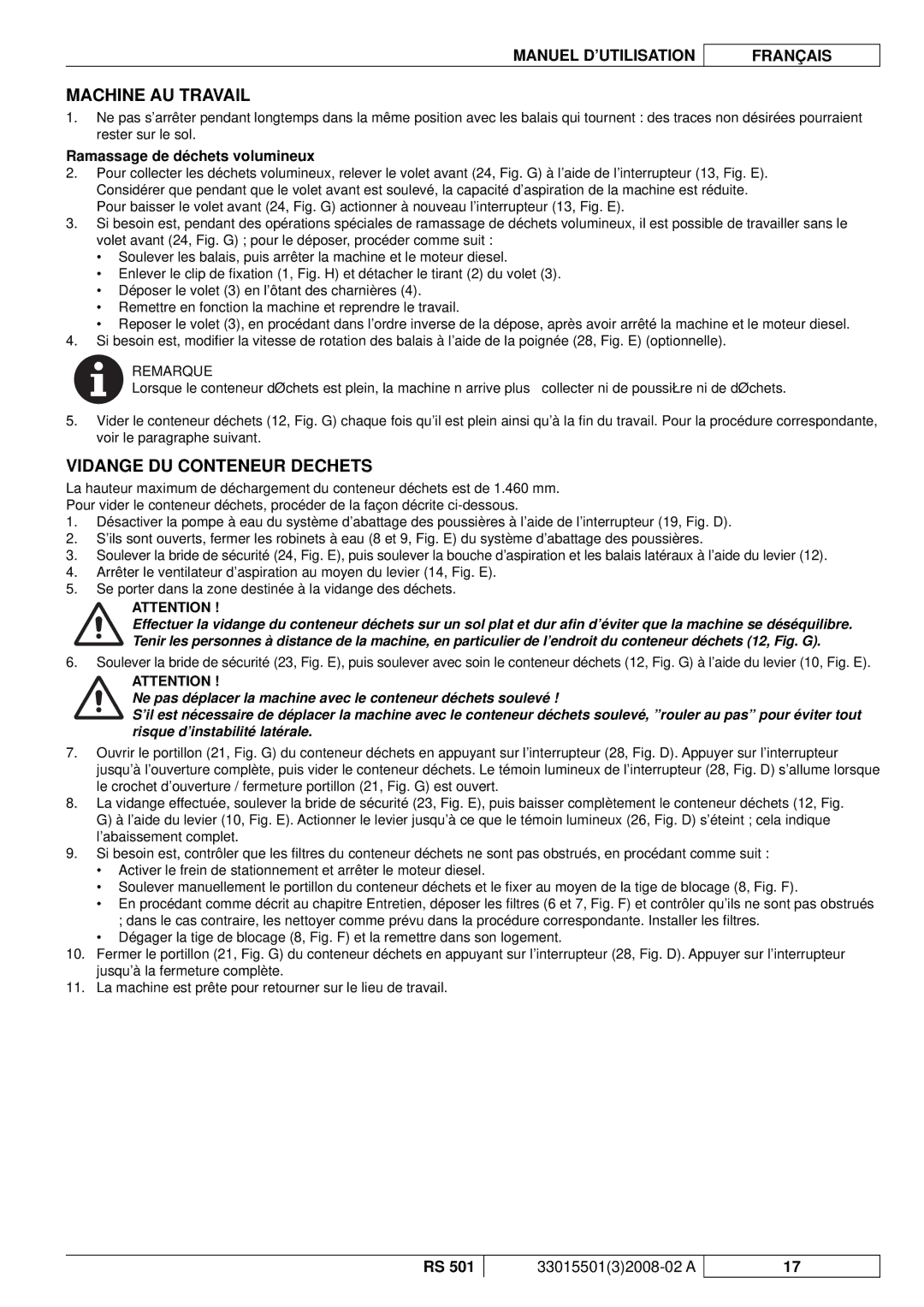 Nilfisk-ALTO RS 501 manuel dutilisation Machine AU Travail, Vidange DU Conteneur Dechets, Ramassage de déchets volumineux 