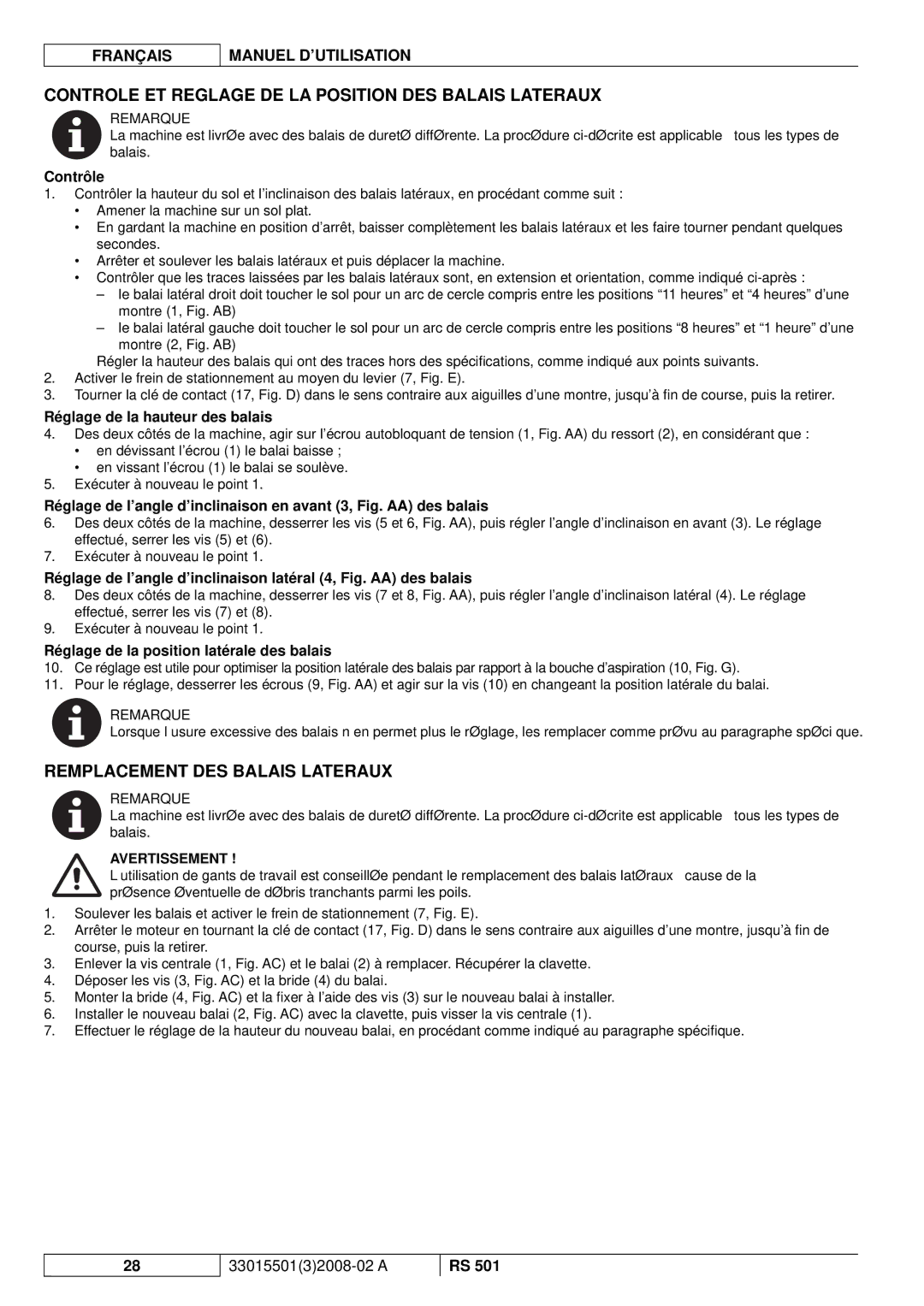 Nilfisk-ALTO RS 501 Controle ET Reglage DE LA Position DES Balais Lateraux, Remplacement DES Balais Lateraux, Contrôle 