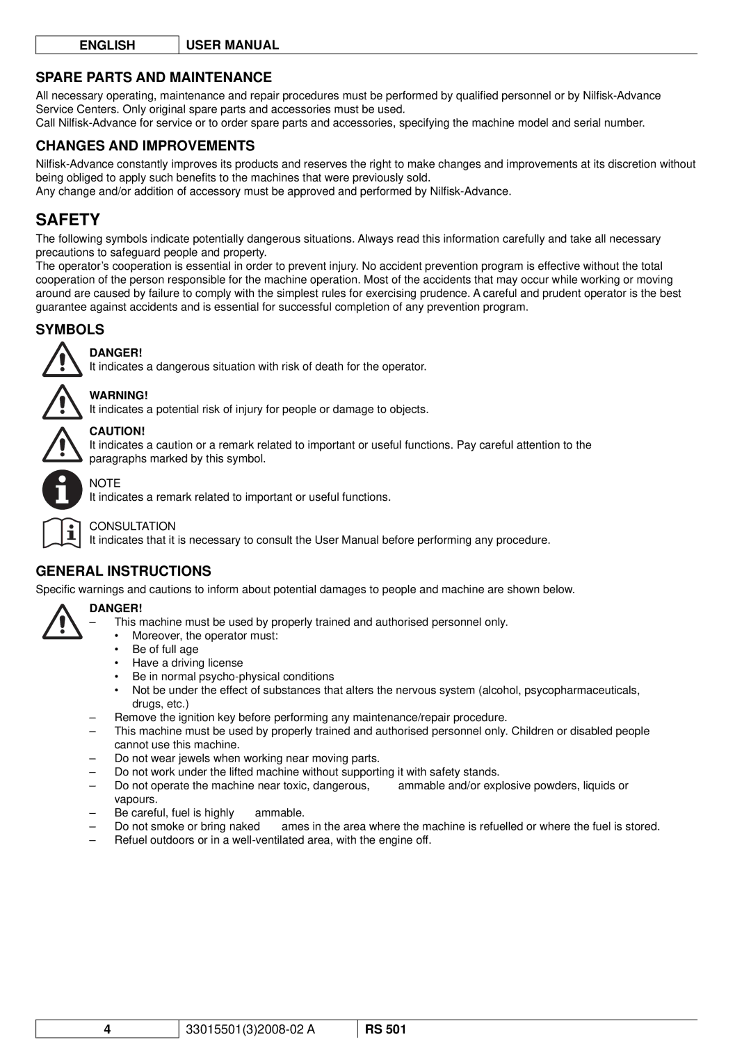 Nilfisk-ALTO RS 501 Safety, Spare Parts and Maintenance, Changes and Improvements, Symbols, General Instructions 