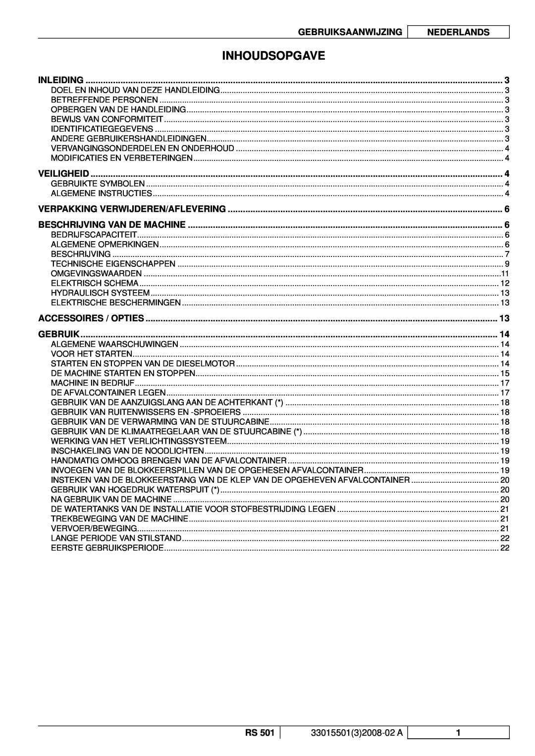 Nilfisk-ALTO RS 501 manuel dutilisation Inhoudsopgave, Nederlands, Gebruiksaanwijzing 