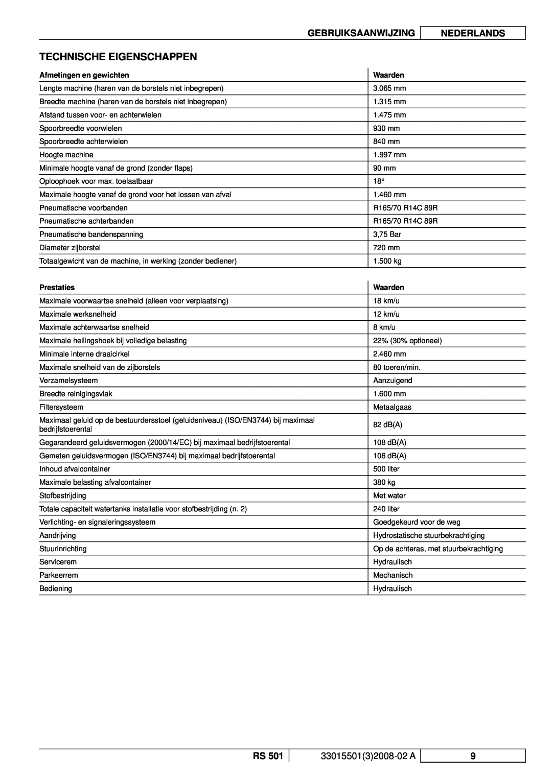 Nilfisk-ALTO RS 501 Technische Eigenschappen, Gebruiksaanwijzing, Nederlands, 3301550132008-02A, Afmetingen en gewichten 