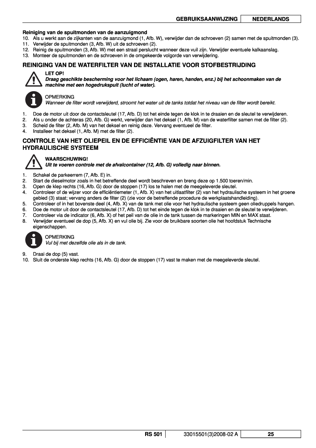 Nilfisk-ALTO RS 501 manuel dutilisation Reiniging van de spuitmonden van de aanzuigmond, Gebruiksaanwijzing, Nederlands 