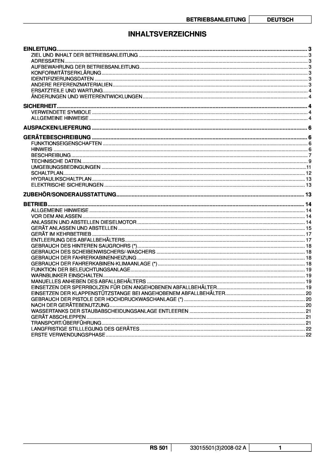 Nilfisk-ALTO RS 501 manuel dutilisation Inhaltsverzeichnis, Betriebsanleitung, Deutsch 