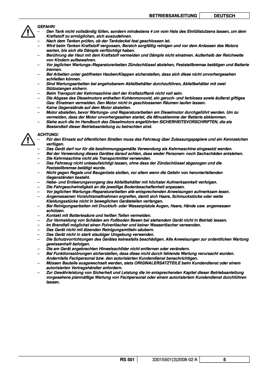 Nilfisk-ALTO RS 501 manuel dutilisation Betriebsanleitung, Deutsch, 3301550132008-02A, Gefahr, Achtung 