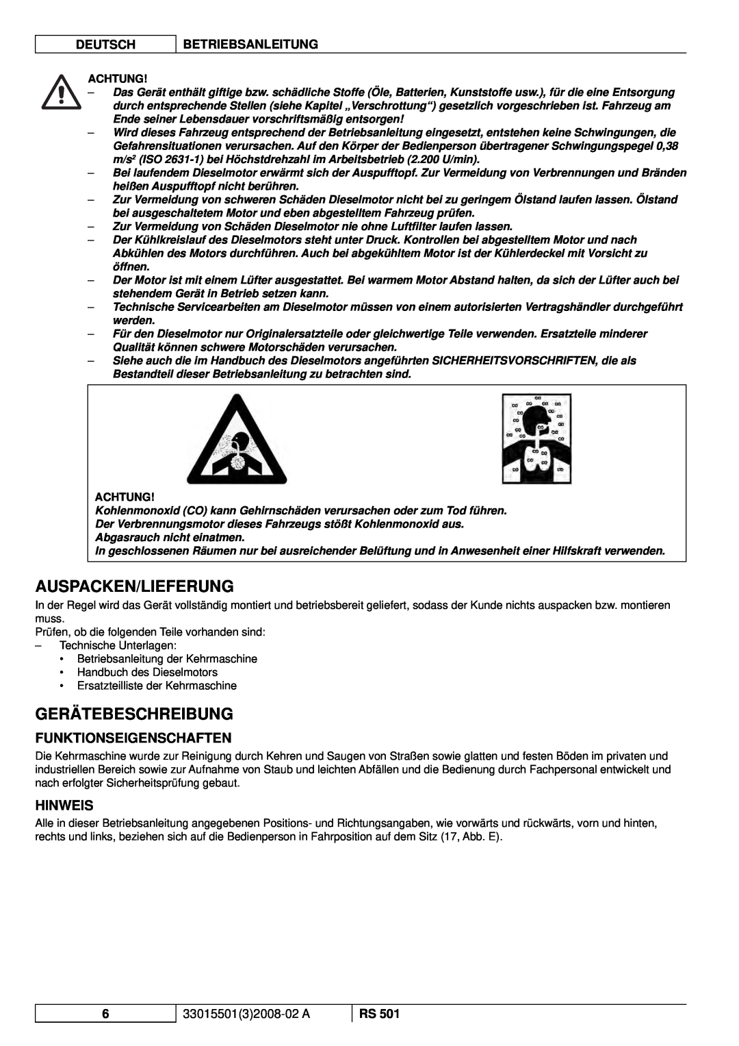 Nilfisk-ALTO RS 501 Auspacken/Lieferung, Gerätebeschreibung, Funktionseigenschaften, Hinweis, Deutsch, Betriebsanleitung 