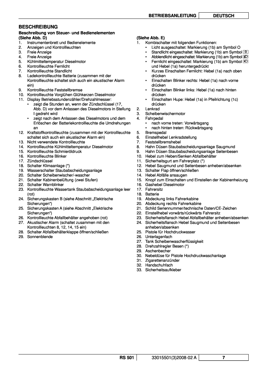 Nilfisk-ALTO RS 501 manuel dutilisation Beschreibung, Siehe Abb. E, Betriebsanleitung, Deutsch, 3301550132008-02A 