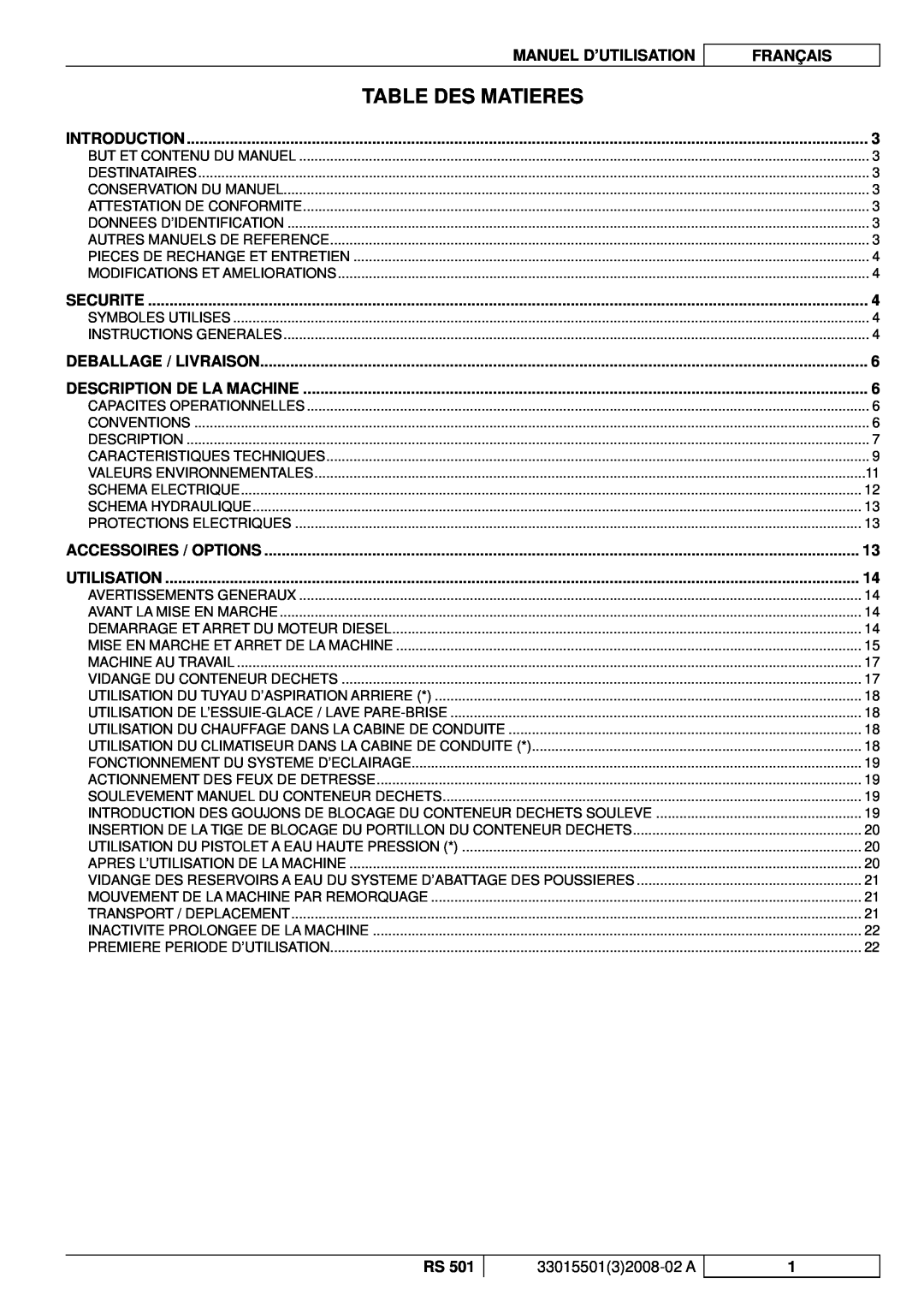 Nilfisk-ALTO RS 501 manuel dutilisation Table Des Matieres, Manuel D’Utilisation, Français 