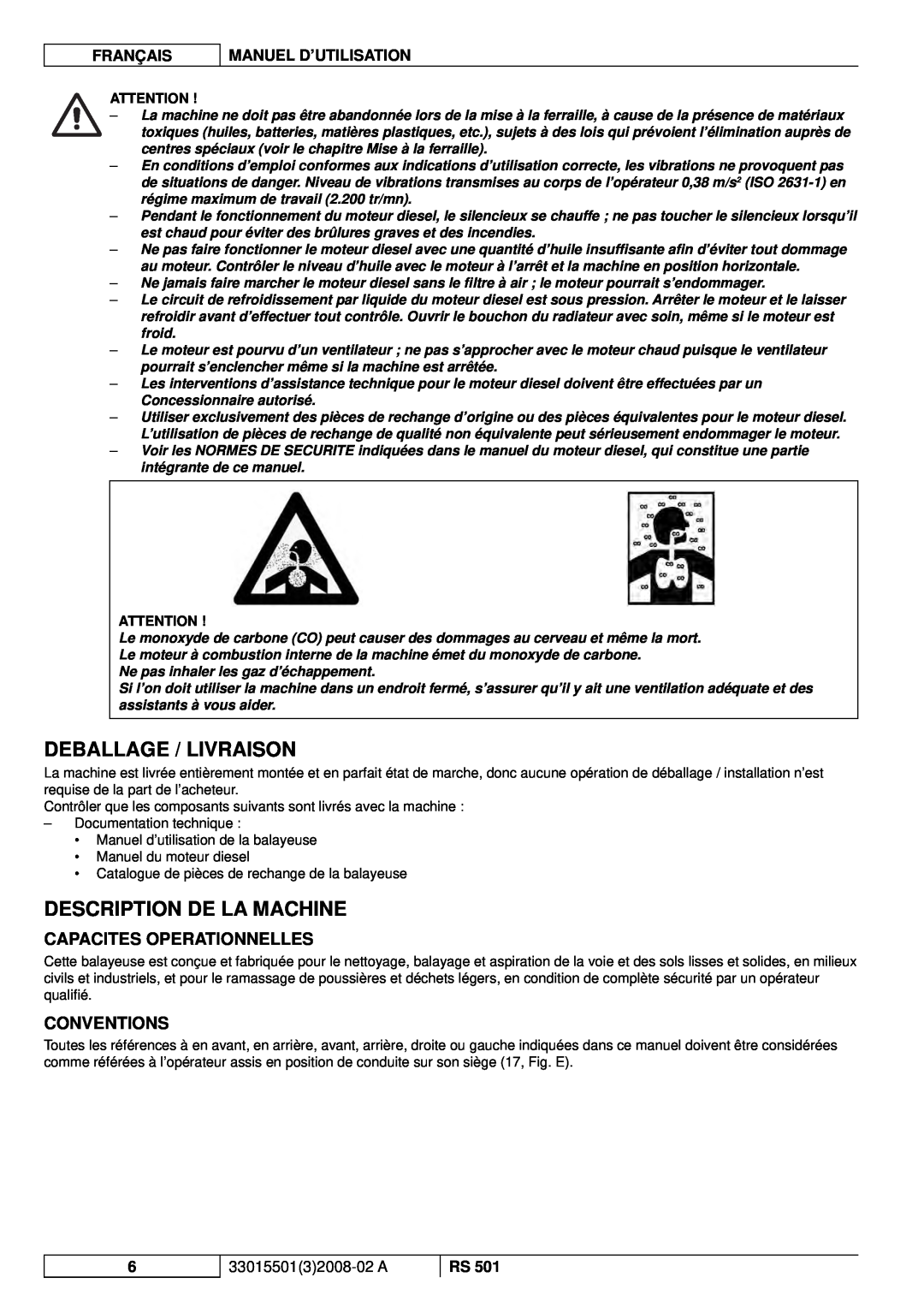 Nilfisk-ALTO RS 501 Deballage / Livraison, Description De La Machine, Capacites Operationnelles, Conventions, Français 