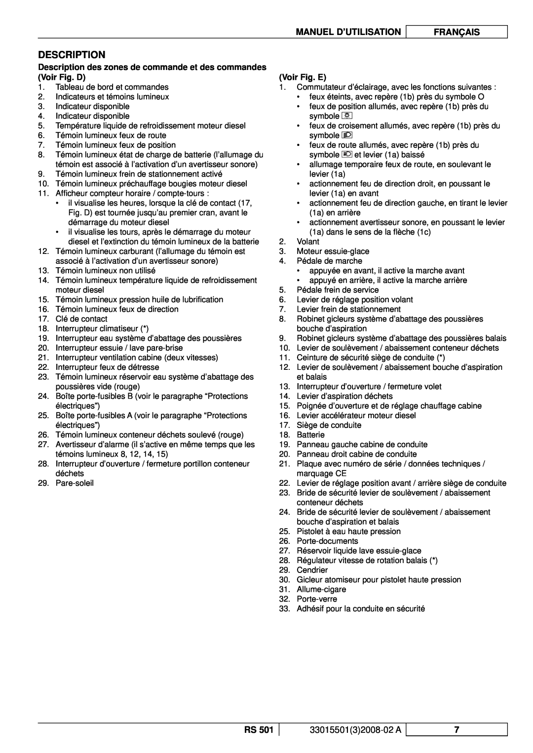 Nilfisk-ALTO RS 501 manuel dutilisation Description, Voir Fig. E, Manuel D’Utilisation, Français, 3301550132008-02A 