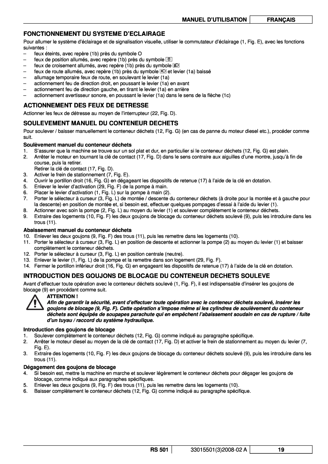 Nilfisk-ALTO RS 501 Fonctionnement Du Systeme D’Eclairage, Actionnement Des Feux De Detresse, Manuel D’Utilisation 