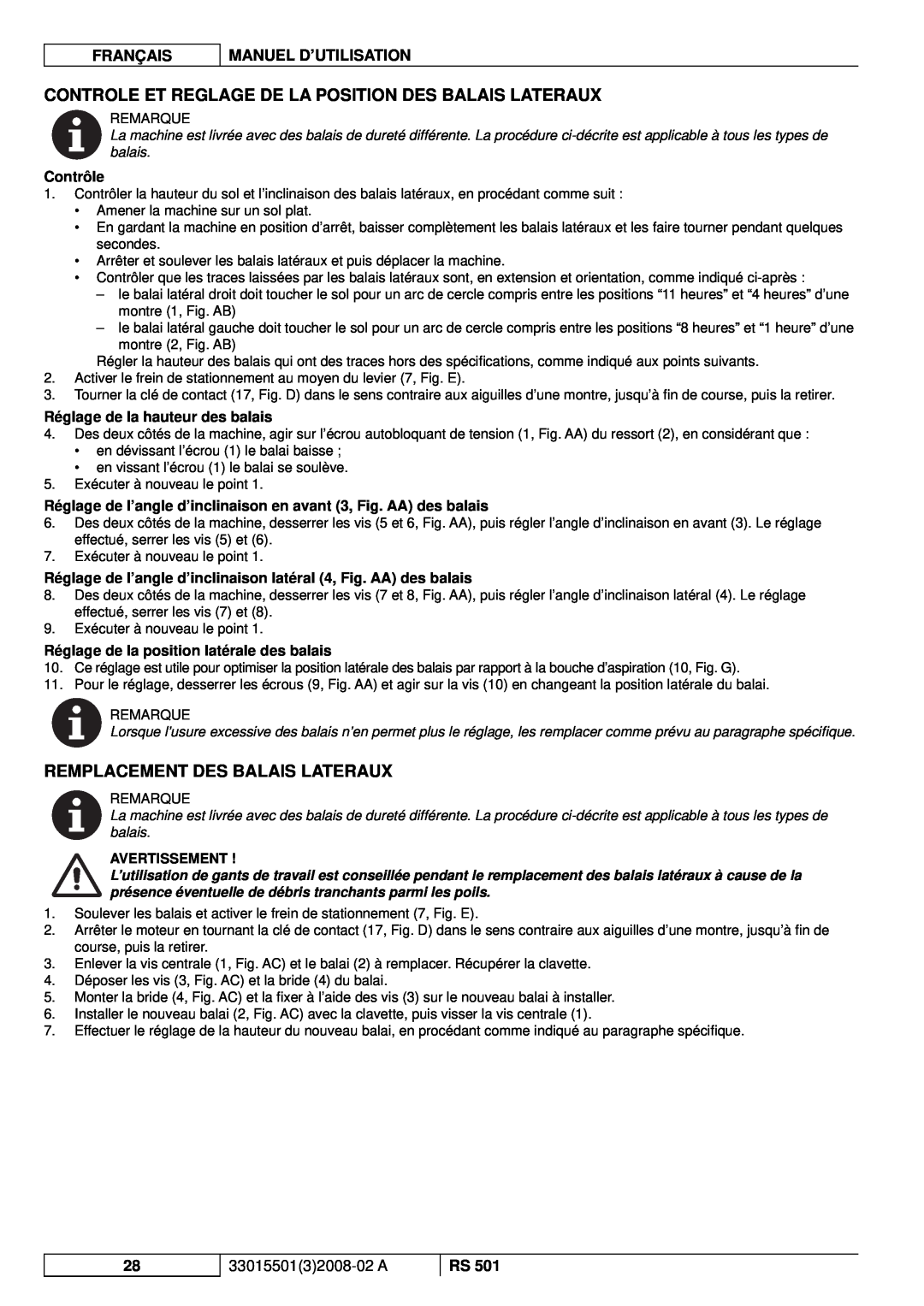 Nilfisk-ALTO RS 501 Remplacement Des Balais Lateraux, Contrôle, Réglage de la hauteur des balais, Français, Avertissement 