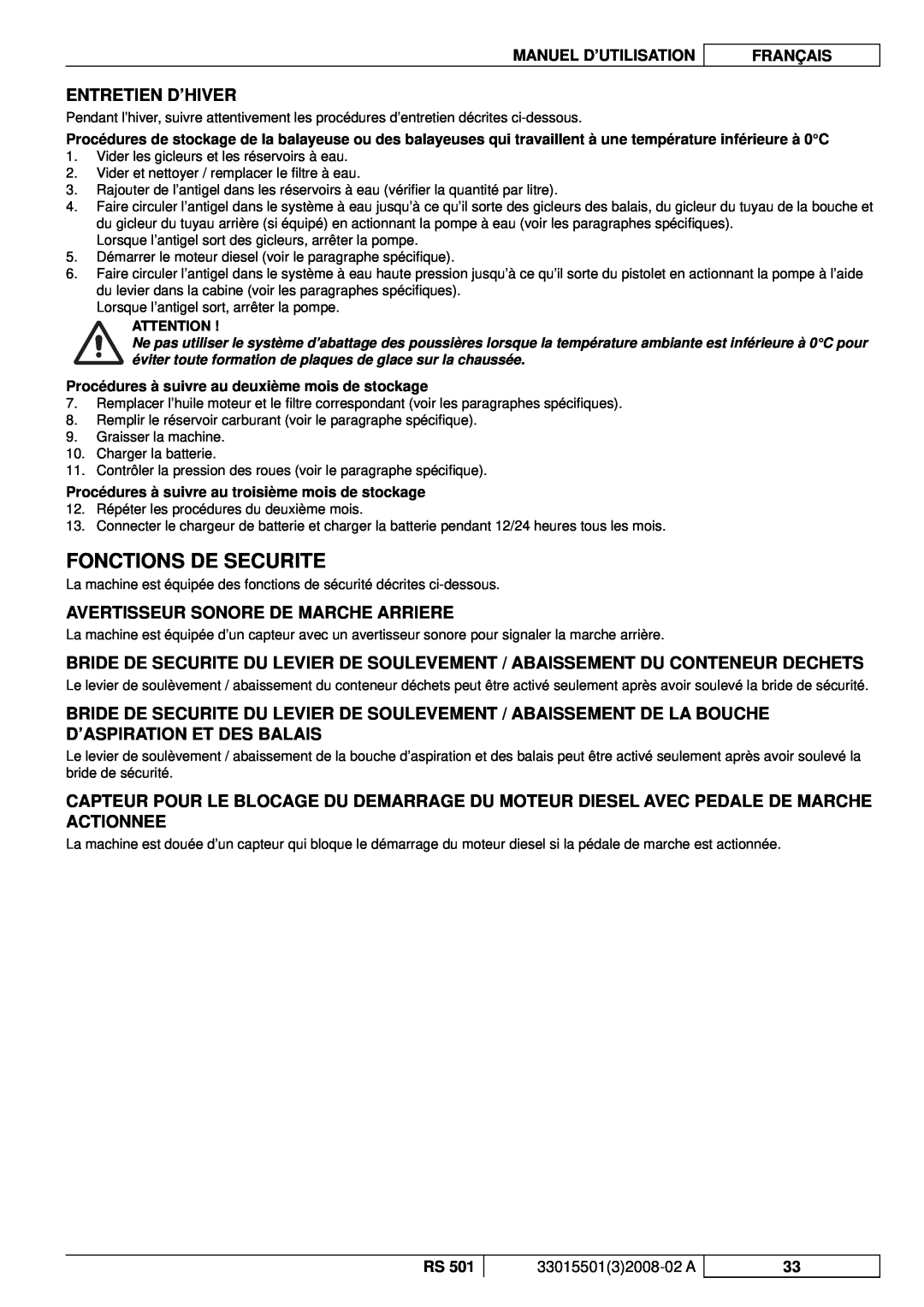 Nilfisk-ALTO RS 501 manuel dutilisation Fonctions De Securite, Entretien D’Hiver, Avertisseur Sonore De Marche Arriere 