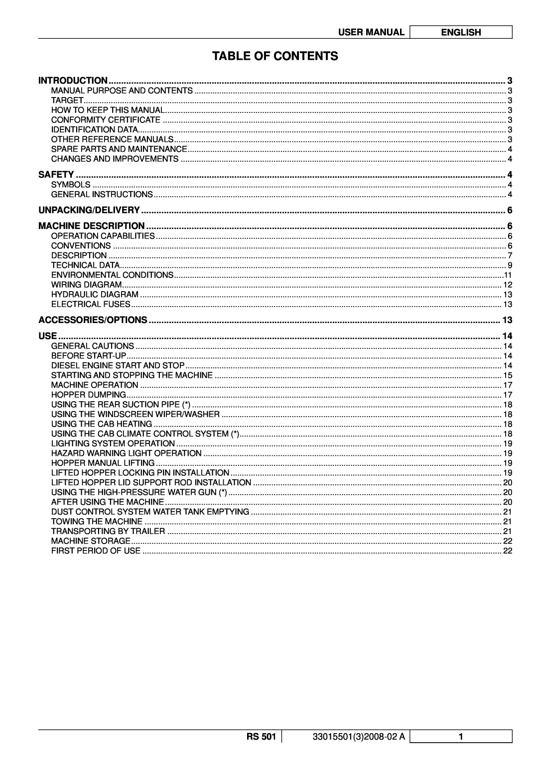 Nilfisk-ALTO RS 501 manuel dutilisation Table Of Contents, User Manual, English 