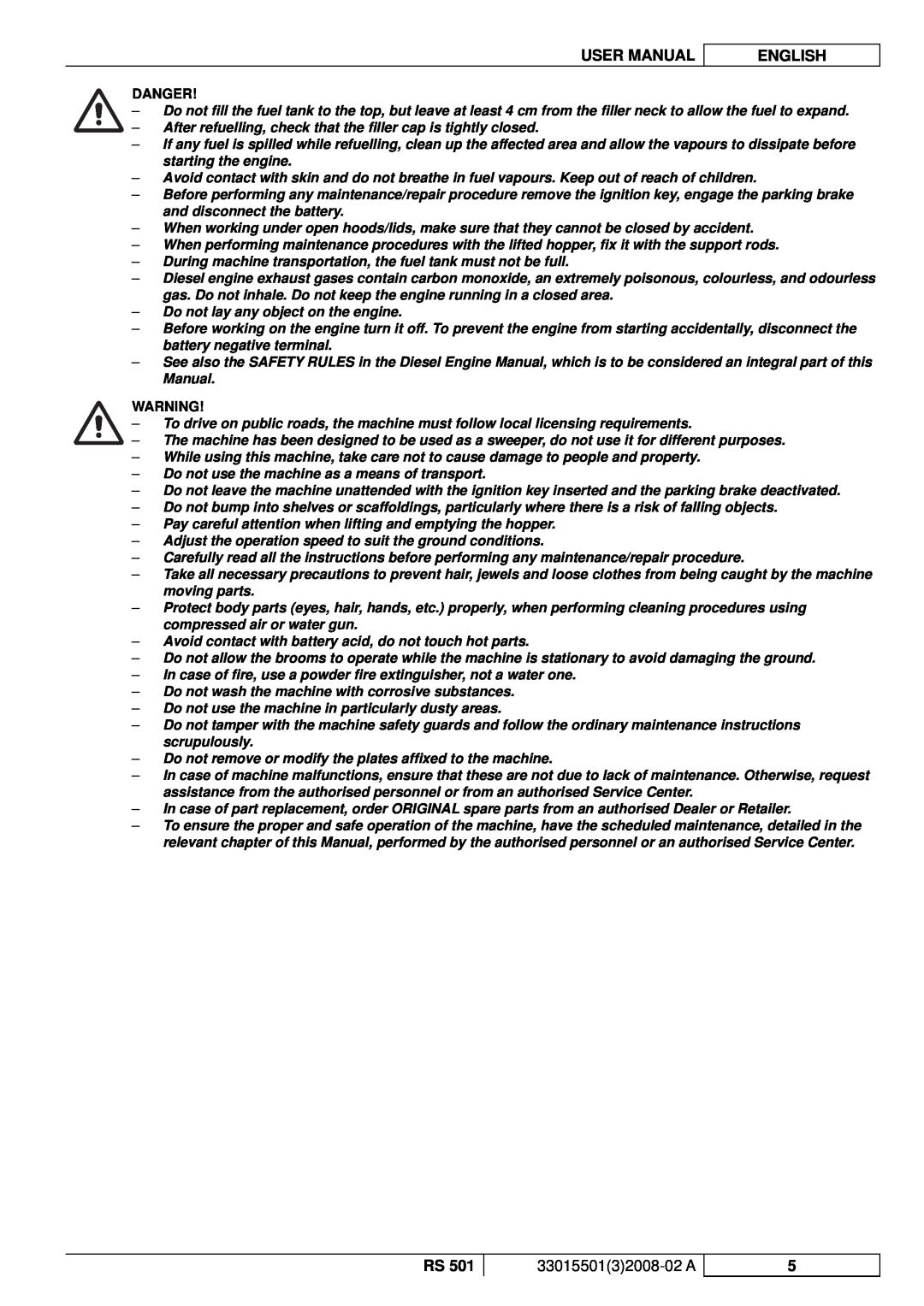 Nilfisk-ALTO RS 501 User Manual, English, 3301550132008-02A, Danger, Do not lay any object on the engine 