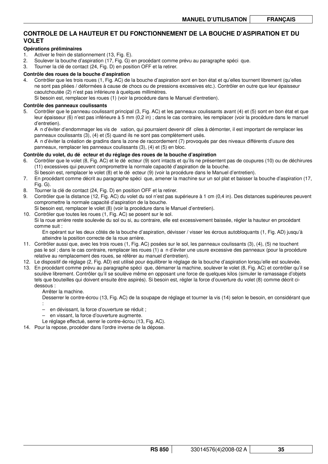 Nilfisk-ALTO RS 850 manuel dutilisation Contrôle des roues de la bouche d’aspiration, Contrôle des panneaux coulissants 