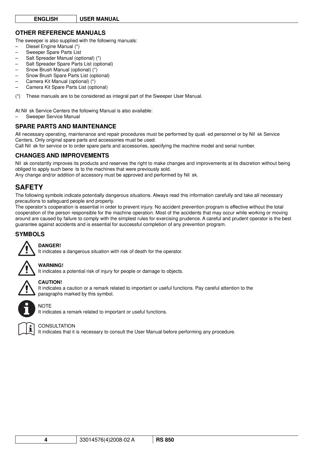 Nilfisk-ALTO RS 850 Safety, Other Reference Manuals, Spare Parts and Maintenance, Changes and Improvements, Symbols 