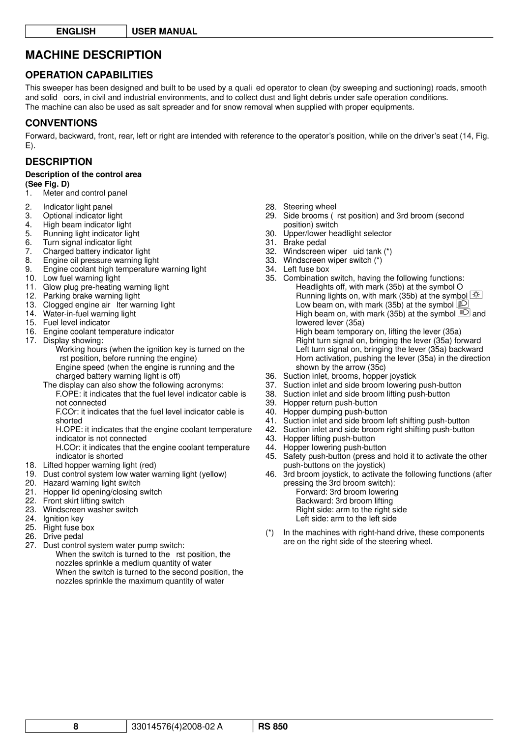 Nilfisk-ALTO RS 850 Machine Description, Operation Capabilities, Description of the control area See Fig. D 