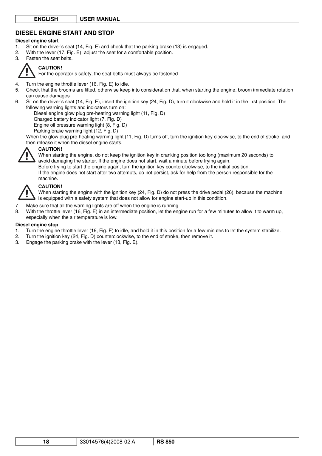Nilfisk-ALTO RS 850 manuel dutilisation Diesel Engine Start and Stop, Diesel engine start, Diesel engine stop 