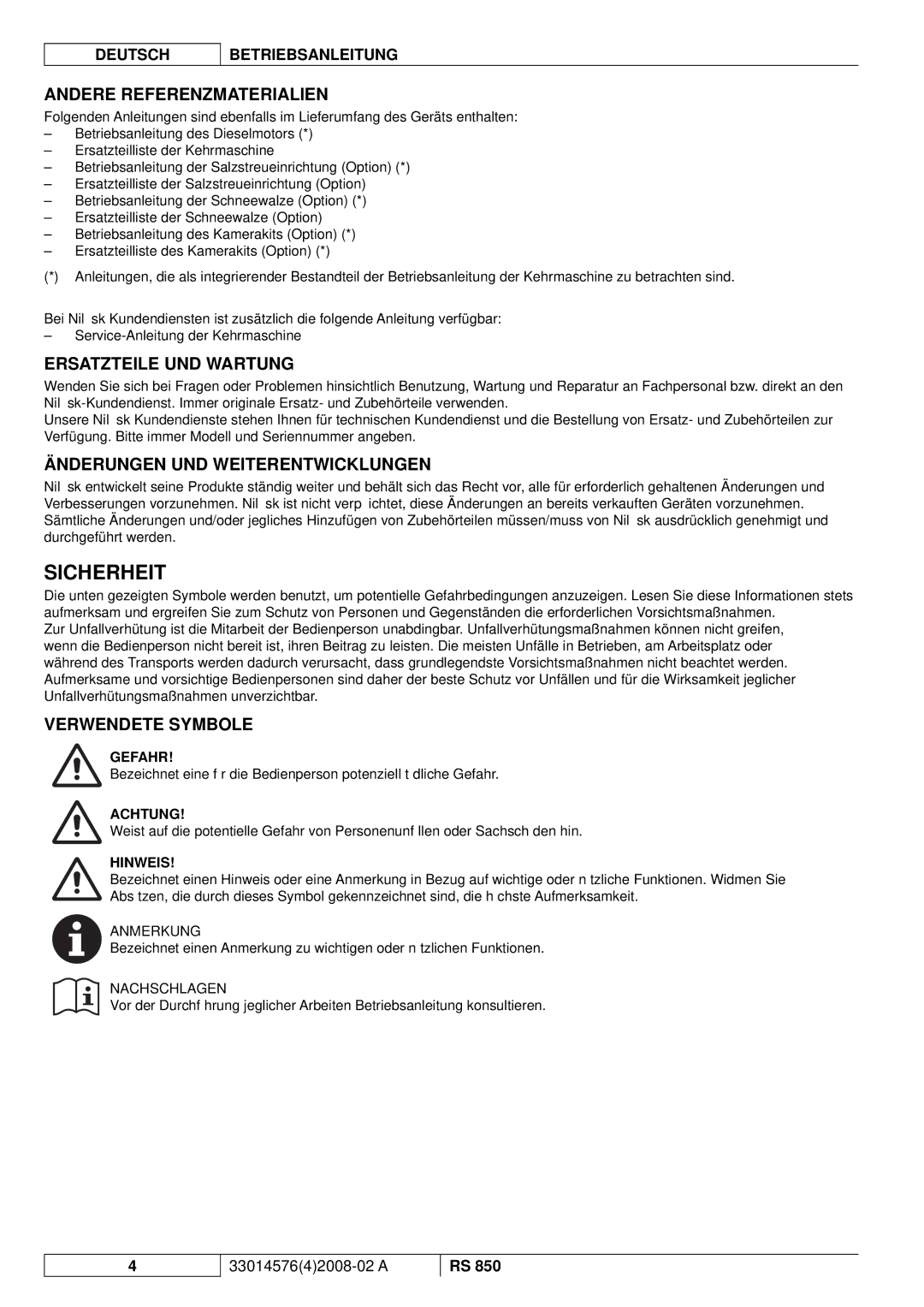 Nilfisk-ALTO RS 850 Sicherheit, Andere Referenzmaterialien, Ersatzteile UND Wartung, Änderungen UND Weiterentwicklungen 