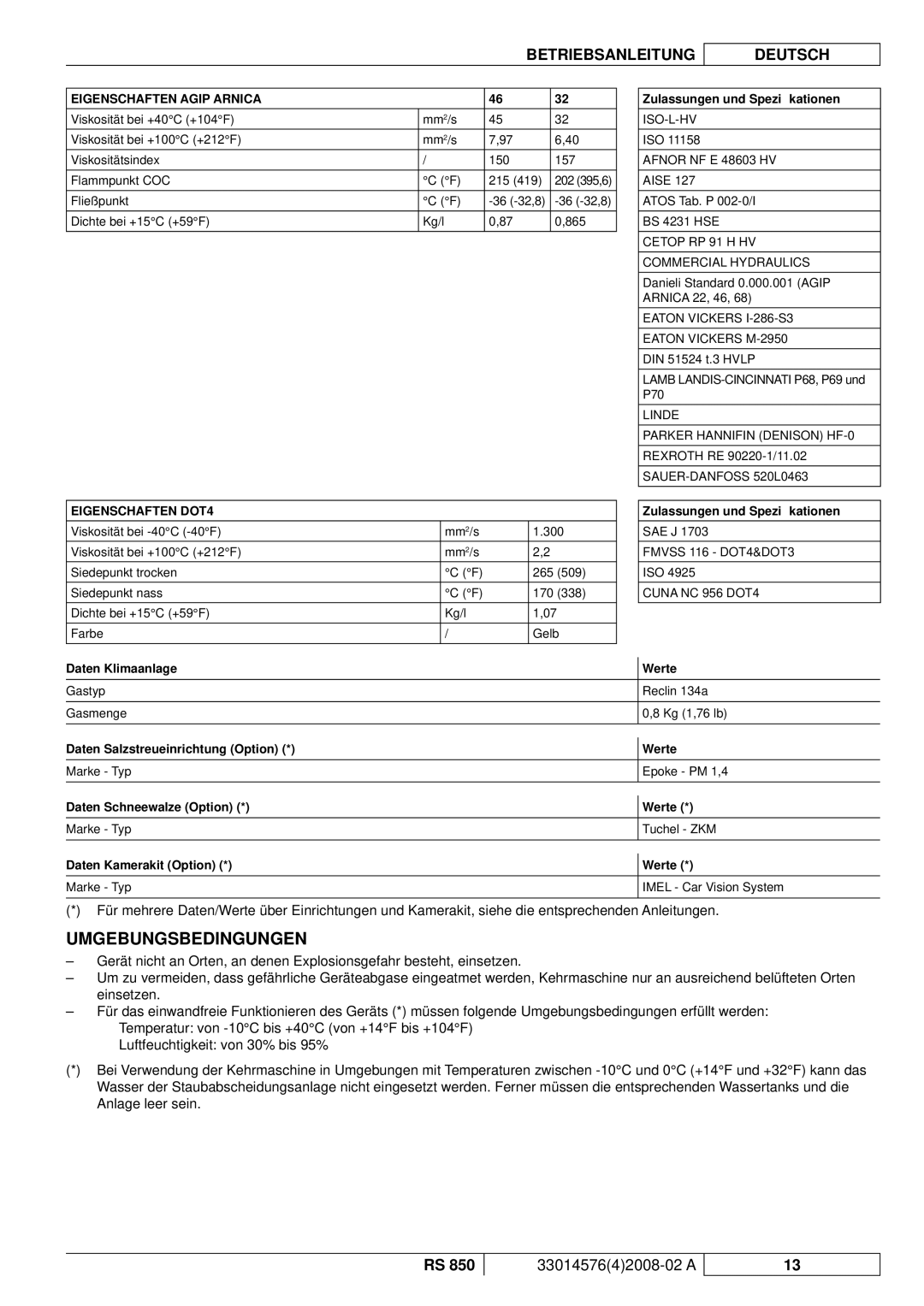 Nilfisk-ALTO RS 850 manuel dutilisation Umgebungsbedingungen, Eigenschaften Agip Arnica, Eigenschaften DOT4 