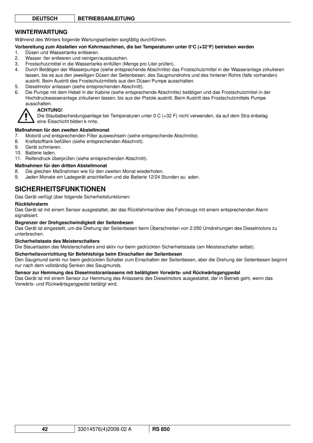 Nilfisk-ALTO RS 850 manuel dutilisation Sicherheitsfunktionen, Winterwartung 