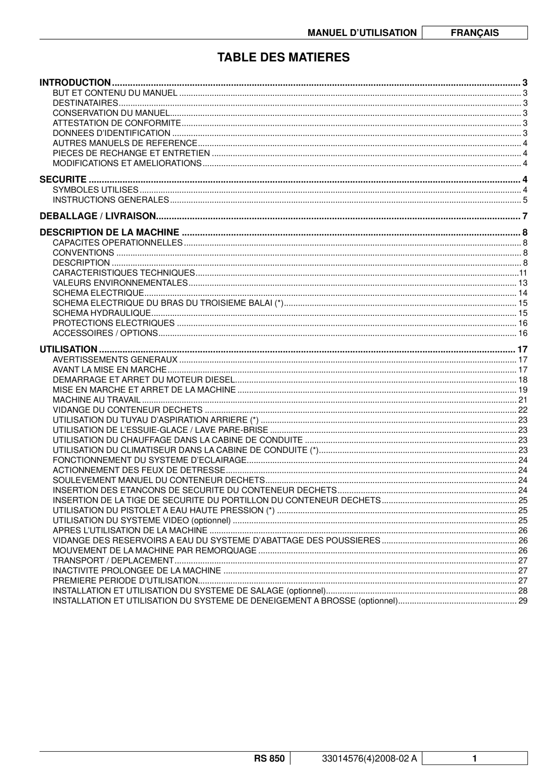 Nilfisk-ALTO RS 850 manuel dutilisation Table DES Matieres, Introduction 