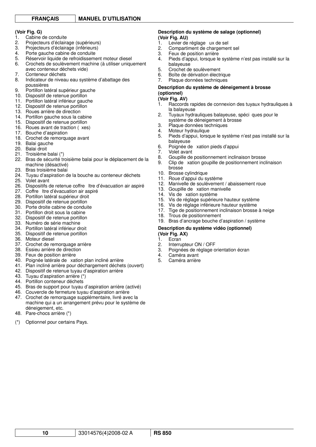 Nilfisk-ALTO RS 850 manuel dutilisation Voir Fig. G, Description du système de salage optionnel Voir Fig. AU 