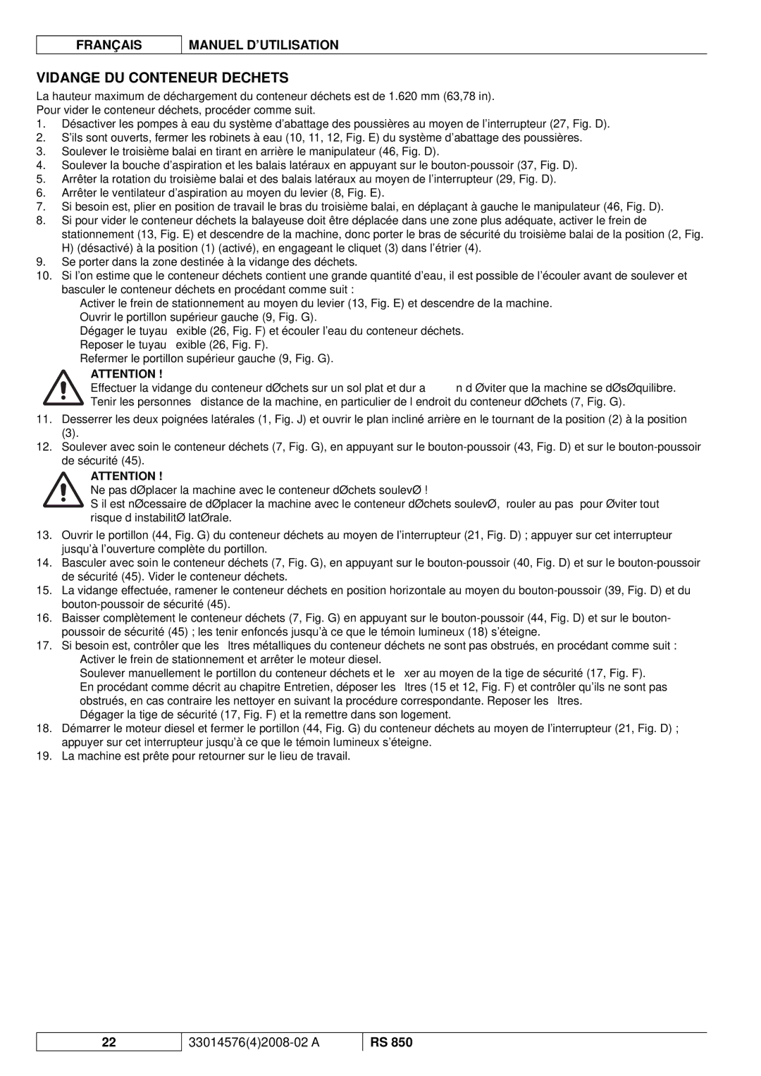 Nilfisk-ALTO RS 850 manuel dutilisation Vidange DU Conteneur Dechets 