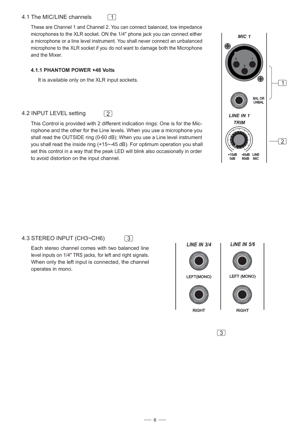 Nilfisk-ALTO S-6 user manual MIC/LINE channels, Phantom Power +48 Volts 