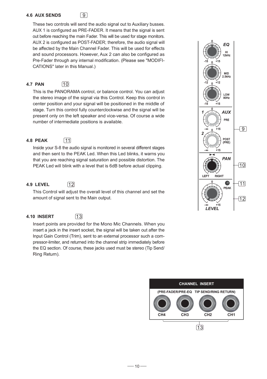 Nilfisk-ALTO S-8 user manual AUX Sends, Pan, Peak, Level, Insert 