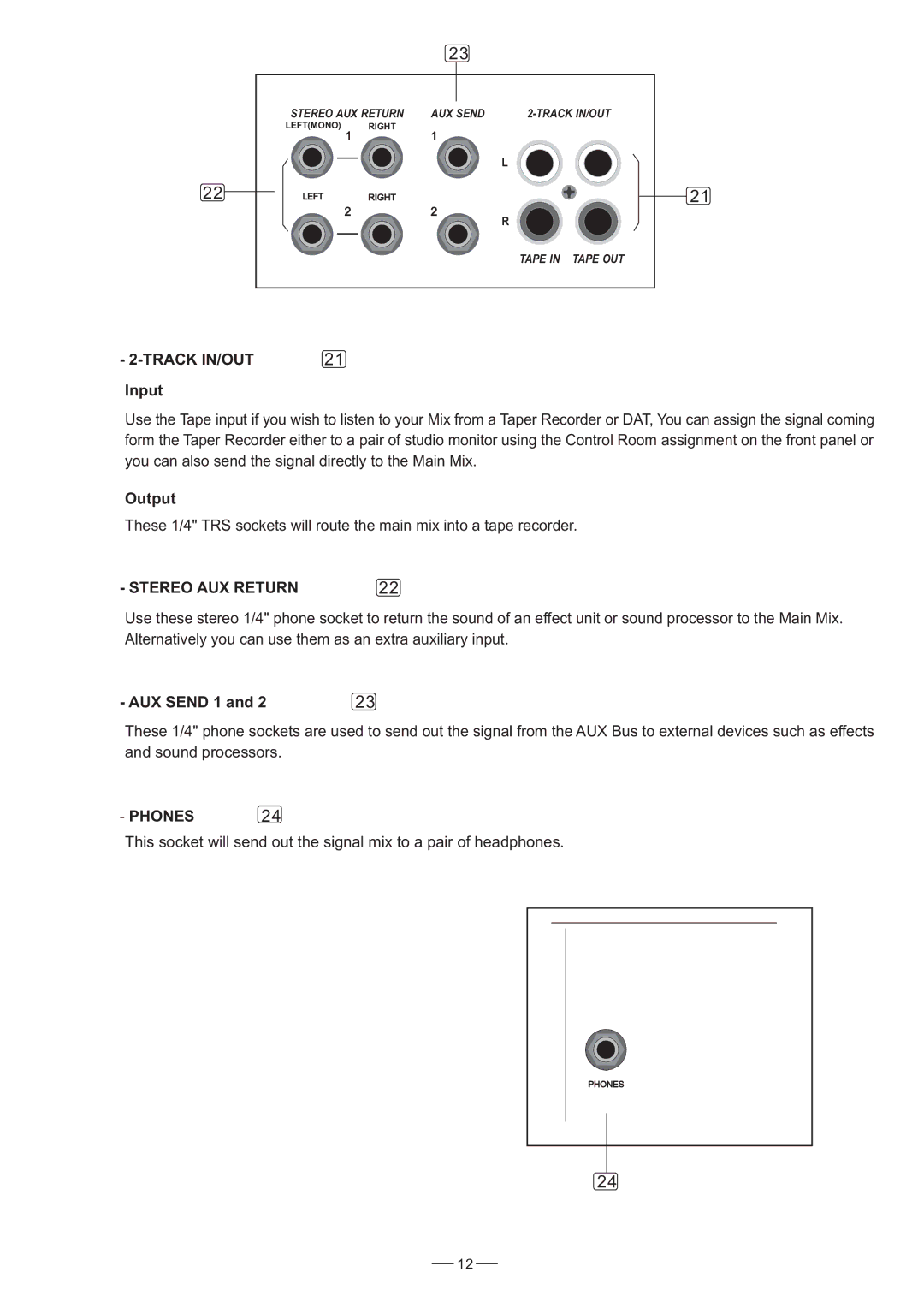 Nilfisk-ALTO S-8 user manual Track IN/OUT Input, Output, Stereo AUX Return, AUX Send 1, Phones 